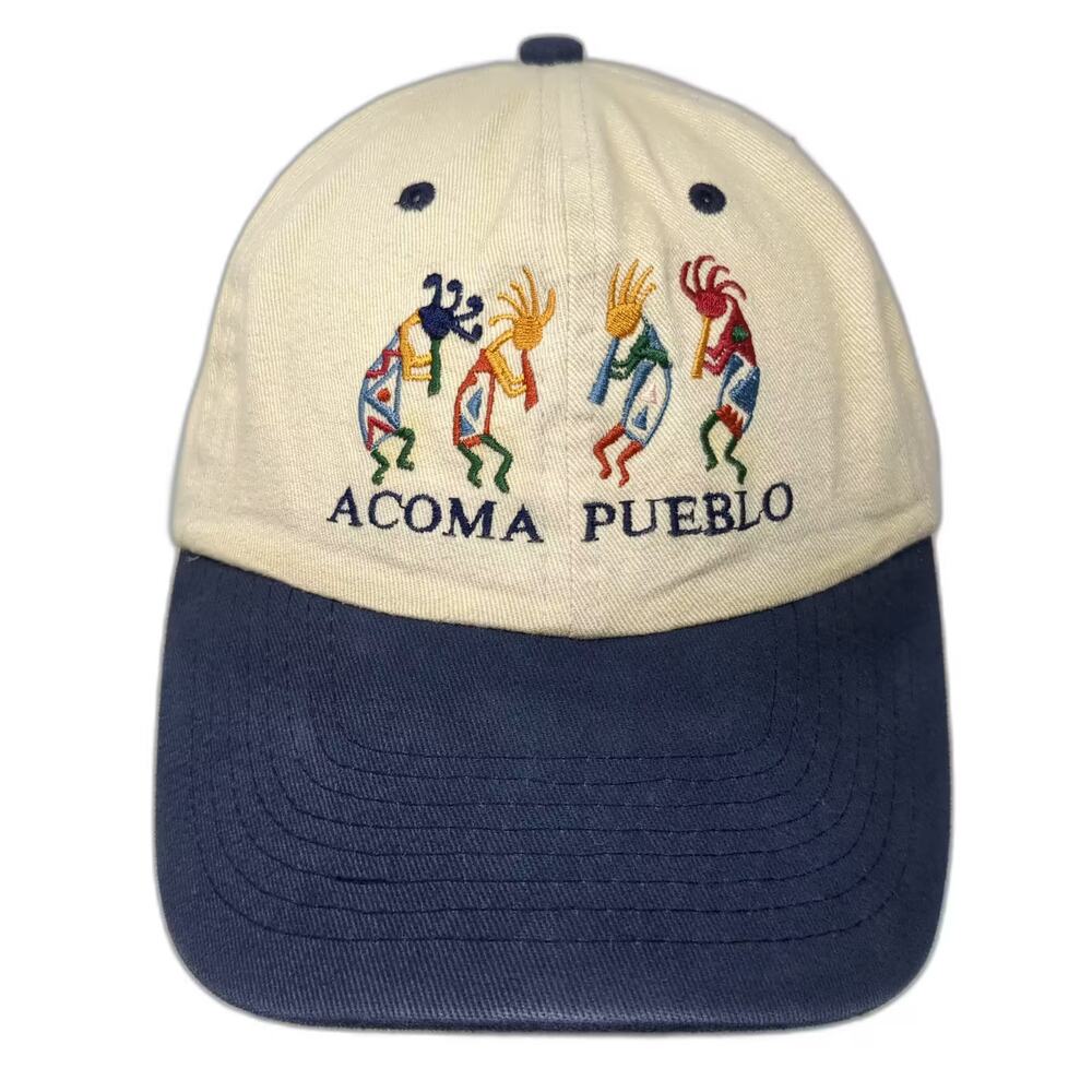 Happy Hatter Baseball Cap Beige Blue OS Acoma Pueblo Kokopelli Embroidered Hat